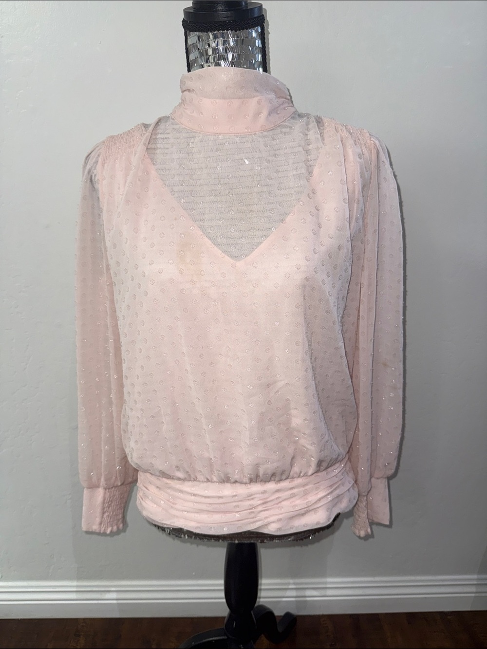 White House Black Market Blush Pink Swiss Dot Tie-Neck Blouse